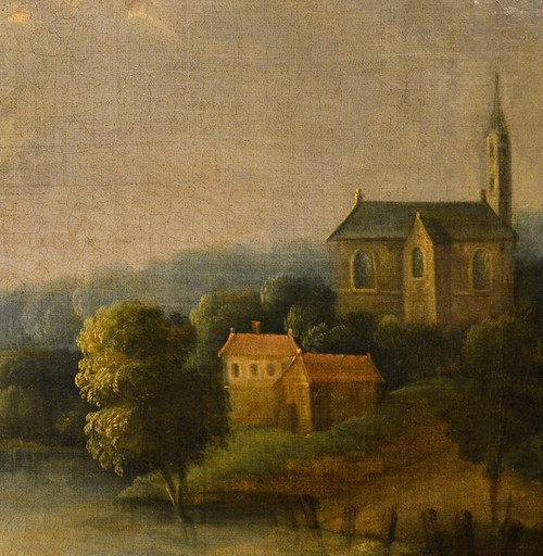 Paysage Fluvial Avec Scène De Village, Adrien Frans Boudewijns (bruxelles1644-1711)