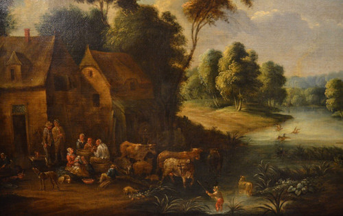 Paysage Fluvial Avec Scène De Village, Adrien Frans Boudewijns (bruxelles1644-1711)