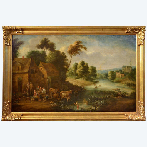 Paysage Fluvial Avec Scène De Village, Adrien Frans Boudewijns (bruxelles1644-1711)