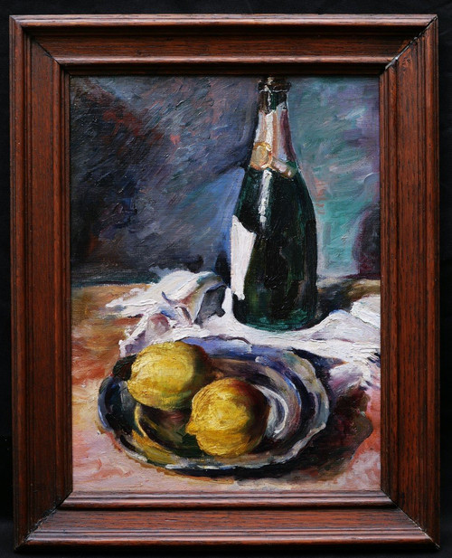 École ALLEMANDE ou AUTRICHIENNE début XXème siècle, Nature morte à la bouteille de champagne