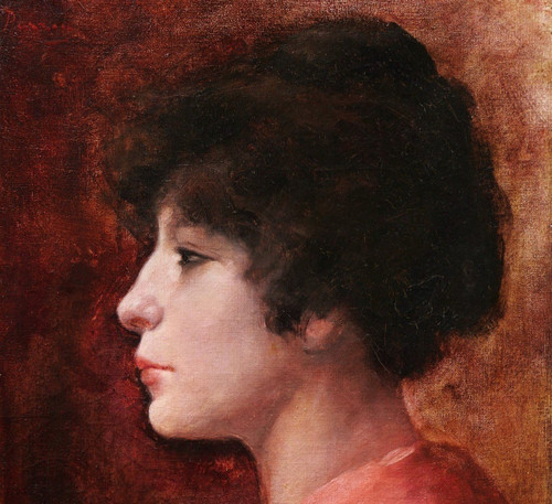 PARRAN, Portrait of a brunette woman in a red dress in profile