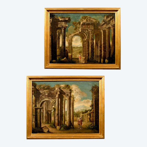 Pair Of Views With Classical Ruins, Niccolò Codazzi (naples 1642 - Genoa 1693) Follower Of 