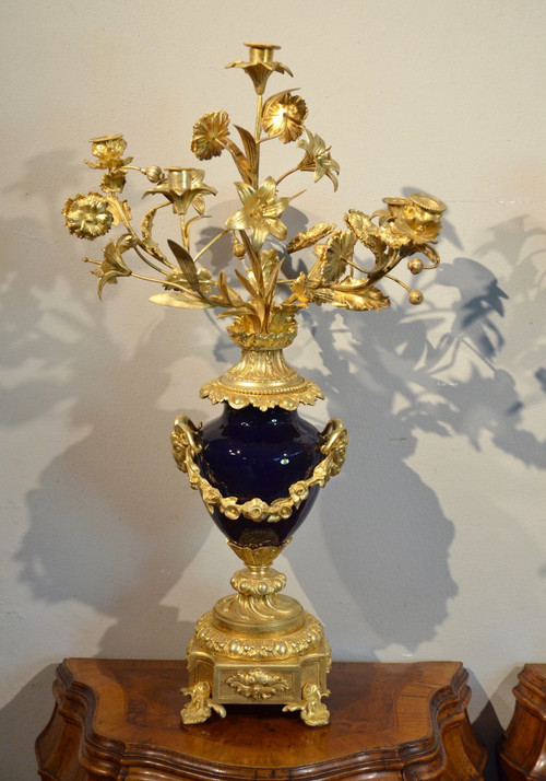 Pair Of Louis XVI Candelabra In Gilt Bronze And Blue Sèvres Porcelain, France 19th Century