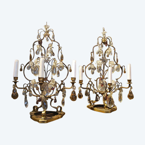 Pair Of Girandoles In Bronze And Baguès Crystal