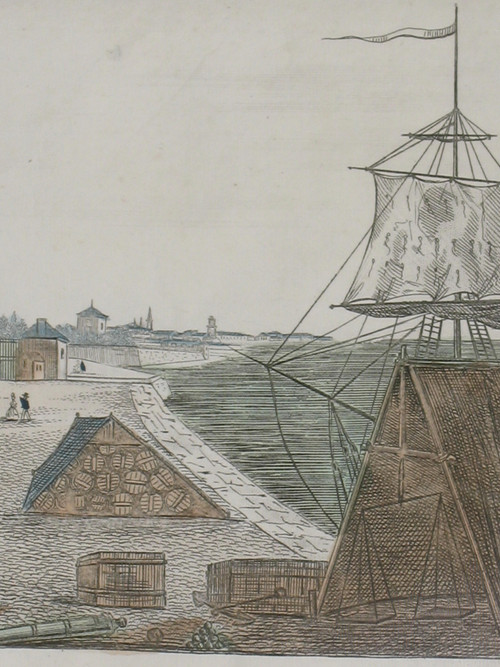 Watercolor optical view of the Chartrons quays in Bordeaux 18th century