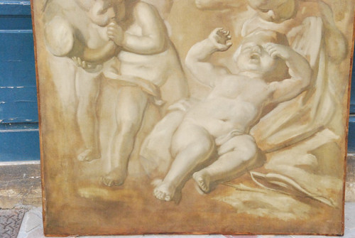 Grande Huile Sur Toile Putti En Grisaille