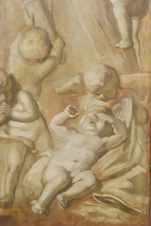 Grande Huile Sur Toile Putti En Grisaille