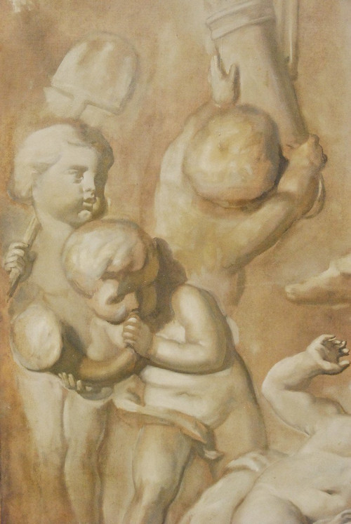 Grande Huile Sur Toile Putti En Grisaille