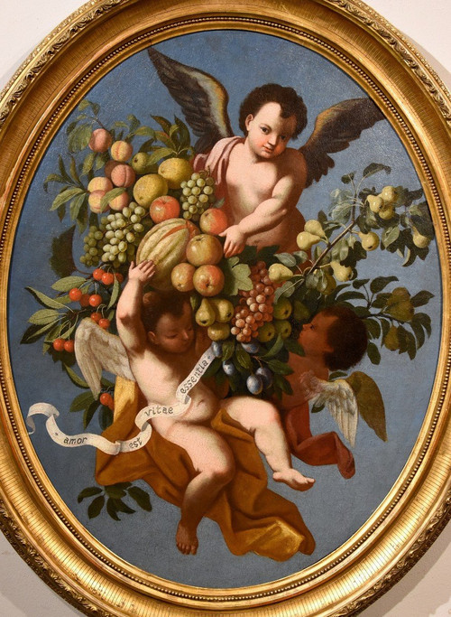 Three Angels Holding A Composition Of Fruits, Luigi Garzi (pistoia 1638 - Rome 1721) Attributed