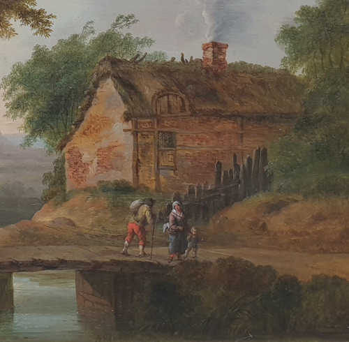 Flemish school of the 18th century - Animated landscape with a bridge and a thatched cottage