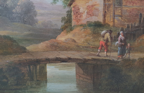 Flemish school of the 18th century - Animated landscape with a bridge and a thatched cottage