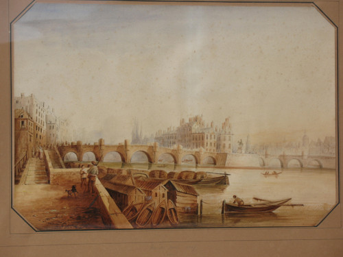 Ansicht der Pont Neuf in Paris großes gerahmtes Aquarell aus dem 19.