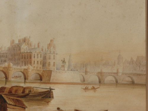 Ansicht der Pont Neuf in Paris großes gerahmtes Aquarell aus dem 19.