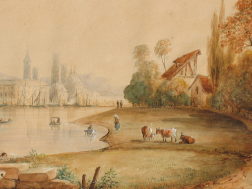 View of Rouen, large framed watercolour, 19th century