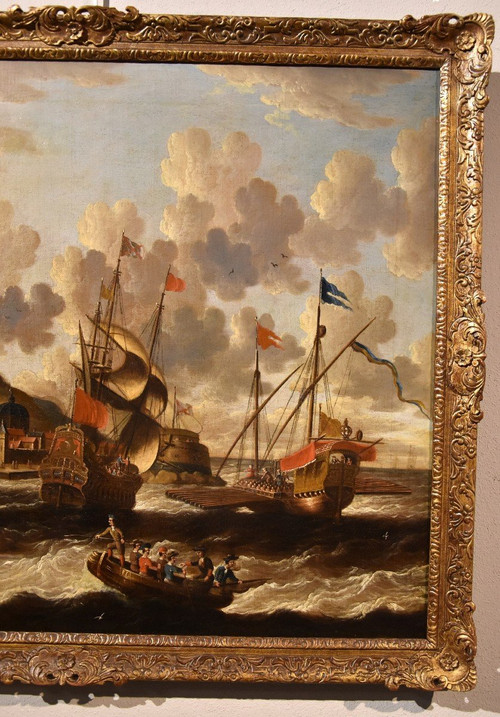 Coastal View With Ships And Castle, Peter Van Der Velde (antwerp 1634 - C.1714) Monogrammed