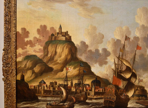 Coastal View With Ships And Castle, Peter Van Der Velde (antwerp 1634 - C.1714) Monogrammed