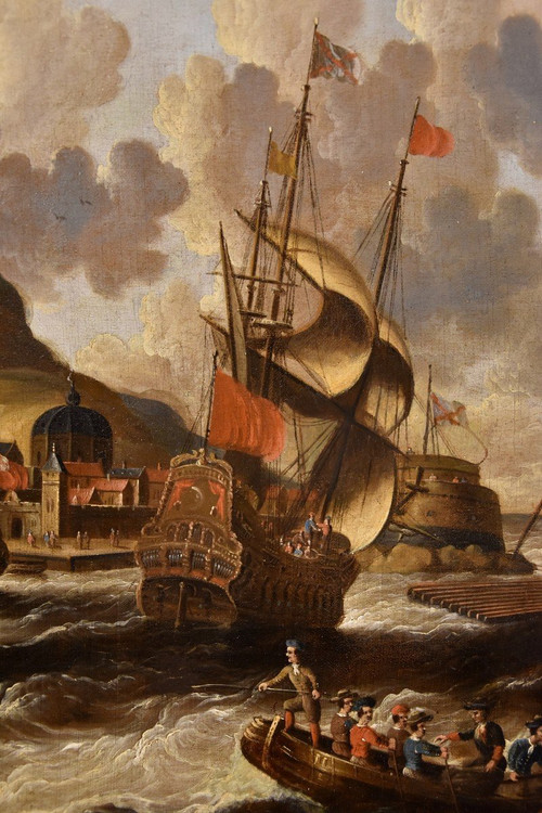 Coastal View With Ships And Castle, Peter Van Der Velde (antwerp 1634 - C.1714) Monogrammed