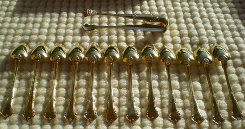 Box of 12 spoons and matching sugar tongs in vermeil Goldsmith T. Berthier late 19th century