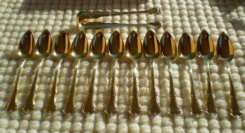 Box of 12 spoons and matching sugar tongs in vermeil Goldsmith T. Berthier late 19th century