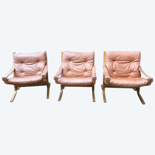 Three Scandinavian Leather And Teak Armchairs Circa 1970 From Westlanske