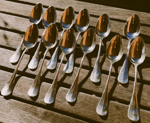 12 solid silver coffee spoons "baguette" model medallion and figured minerve goldsmith Veuve Théodore succ. Ravinet d'Enfert