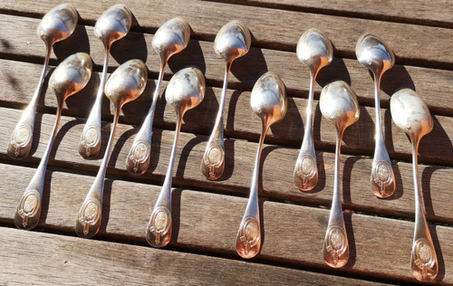 12 solid silver coffee spoons "baguette" model medallion and figured minerve goldsmith Veuve Théodore succ. Ravinet d'Enfert