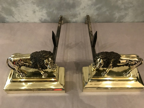 Pair Of Antique Bronze Andirons From The 19th Century Model With Lions