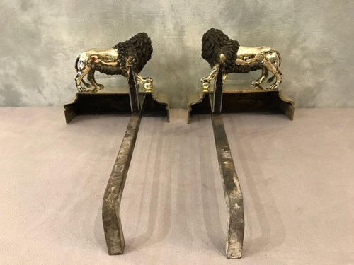 Pair Of Antique Bronze Andirons From The 19th Century Model With Lions