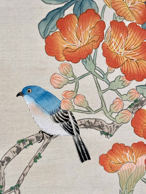 Chine, Années 1950, Peinture Sur Soie Oiseau Parmi Les Branches En Fleur. 