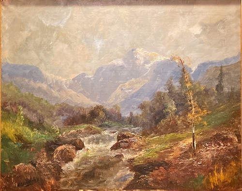 Painting, mountain landscape signed A Godchaux