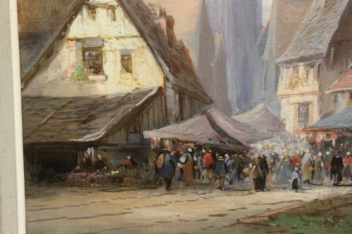 Oil On Canvas Representing A Market Scene In Rouen By Paul Devillers