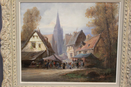 Oil On Canvas Representing A Market Scene In Rouen By Paul Devillers