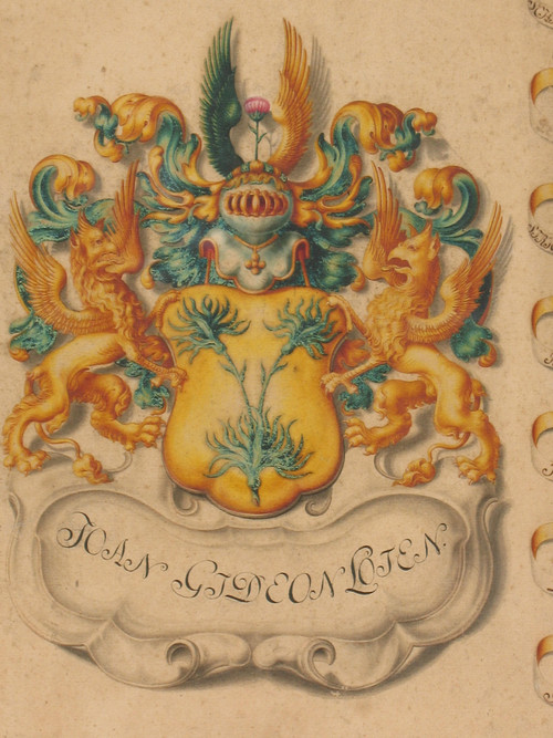 6 gouaches with heraldic decoration signed Horst genealogy with coats of arms by Joan Loten th. 18th