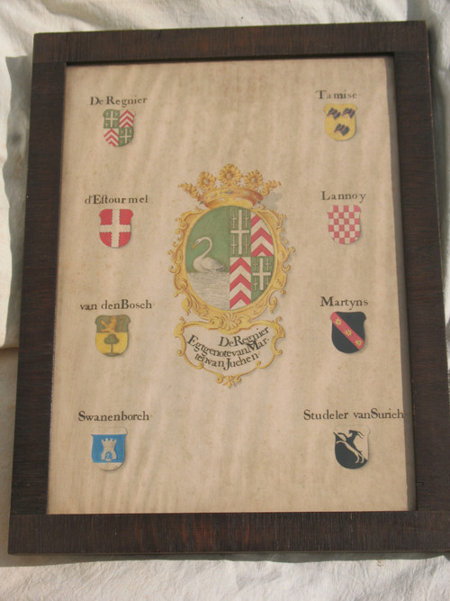 6 gouaches with heraldic decoration signed Horst genealogy with coats of arms by Joan Loten th. 18th