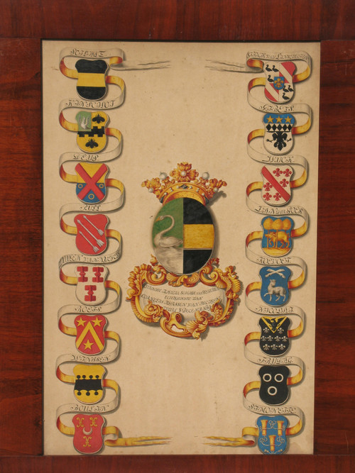 6 gouaches with heraldic decoration signed Horst genealogy with coats of arms by Joan Loten th. 18th