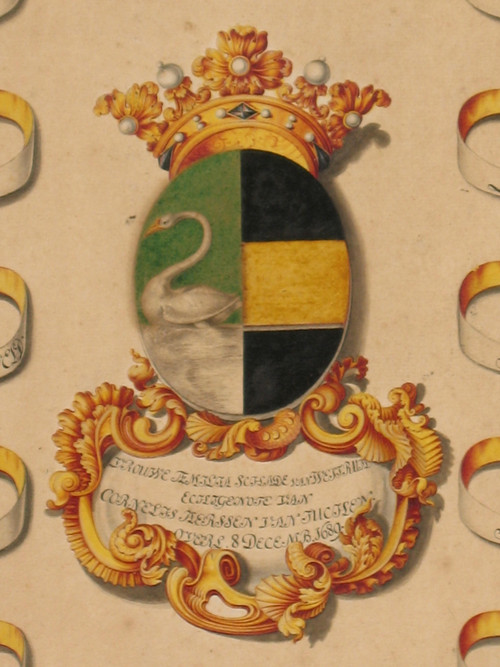 6 gouaches with heraldic decoration signed Horst genealogy with coats of arms by Joan Loten th. 18th