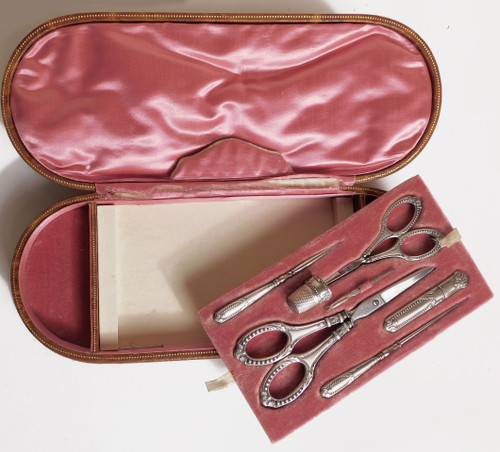 Sewing kit old solid silver linen scissors to embroider early 20th century leather box