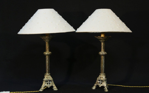 Paire De Lampes En Bronze Néogothique