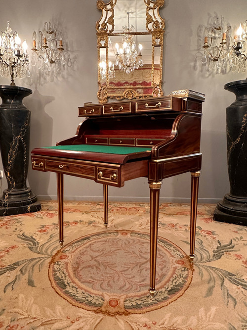 Small Cylinder Desk In Flamed Mahogany Louis XVI Style 19th Century