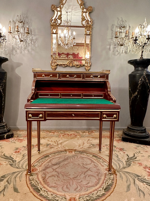 Small Cylinder Desk In Flamed Mahogany Louis XVI Style 19th Century