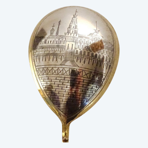 Caviar Spoon Silver Vermeil Russian Niello Twisted Moscow Kremlin View 20th