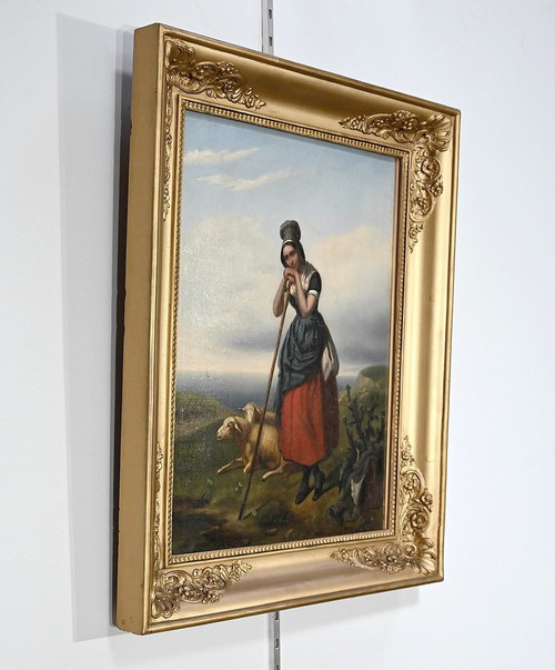 Peinture à l’huile, « La Bergère », École du XIXe – 2ème partie XIXe