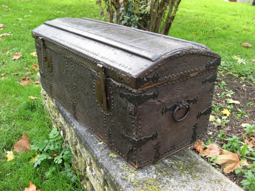 17th Century Studded Leather Travel Trunk.