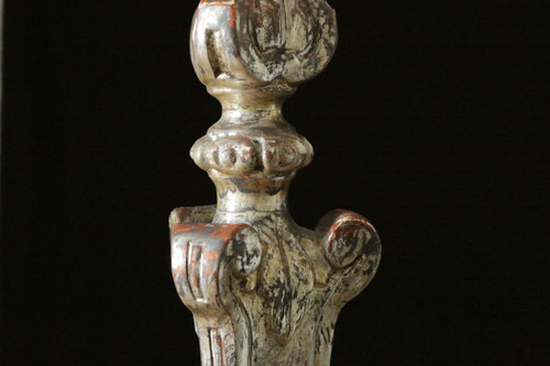 Pair Of Torches, Candlestick, Silvered Wood 18th Century