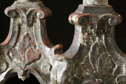 Pair Of Torches, Candlestick, Silvered Wood 18th Century