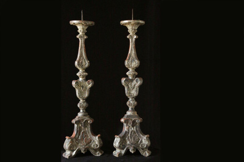 Pair Of Torches, Candlestick, Silvered Wood 18th Century