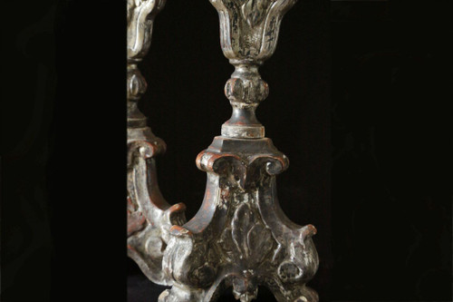 Pair Of Torches, Candlestick, Silvered Wood 18th Century