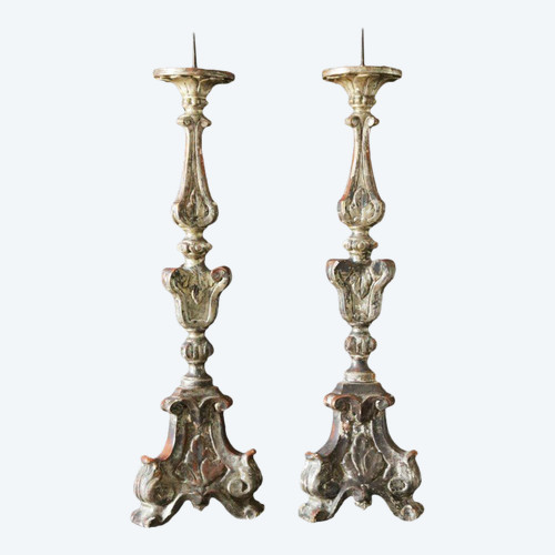 Pair Of Torches, Candlestick, Silvered Wood 18th Century