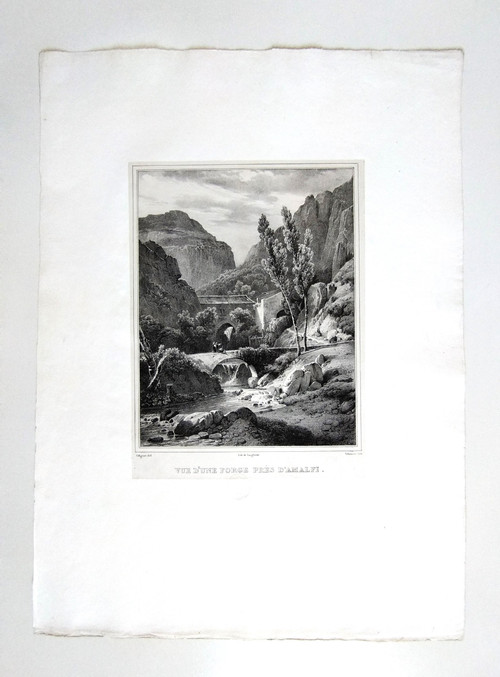 Ansicht einer Schmiede in der Nähe von Amalfi. Lithographie aus dem 19. Jahrhundert von Villeneuve nach Coignet