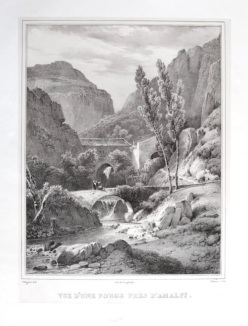 Ansicht einer Schmiede in der Nähe von Amalfi. Lithographie aus dem 19. Jahrhundert von Villeneuve nach Coignet